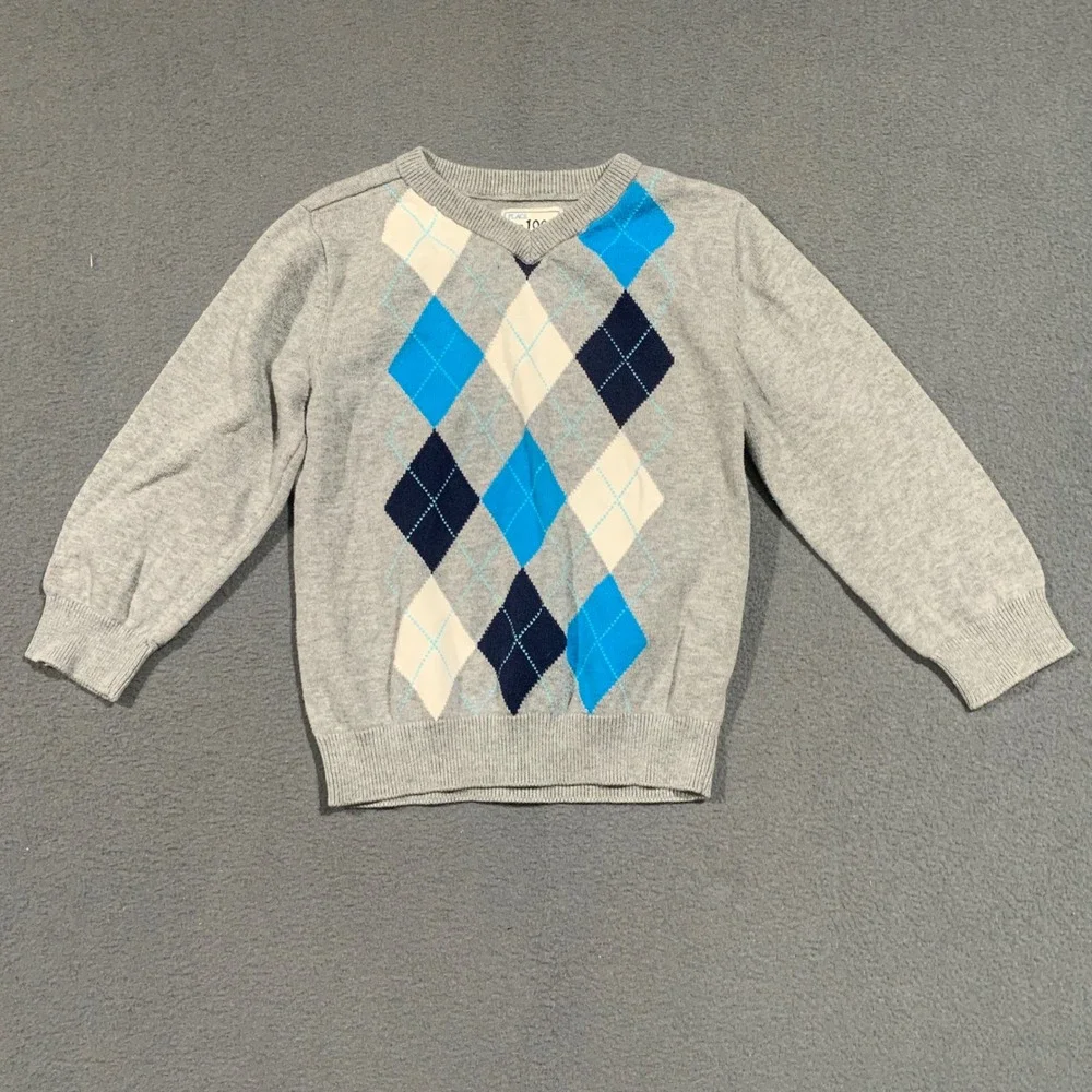 The Childrens Place Argyle Sweater Gray Blue Cream Kids Size 3T Cotton